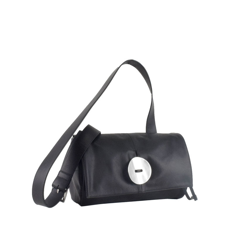 【button】Crossbody Bag in Black — Shell Button Leather Slouchy Crossbody with Wide Strap, Made in Japan
