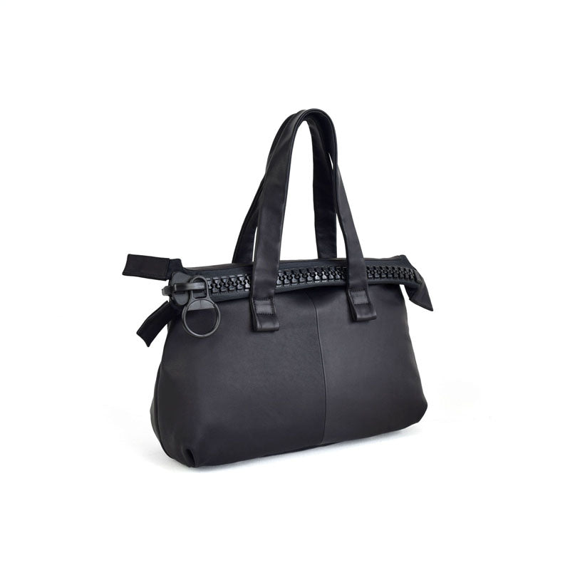 【25bis】Tote Bag in Black — A4 Leather Tote with Iconic Oversized Zipper and Pouch-Stitched Handles, Made in Japan
