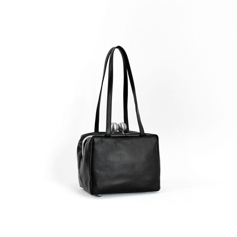 kuchigane Box Tote in Black — Kiss-Lock Leather Bag, Made in Japan
