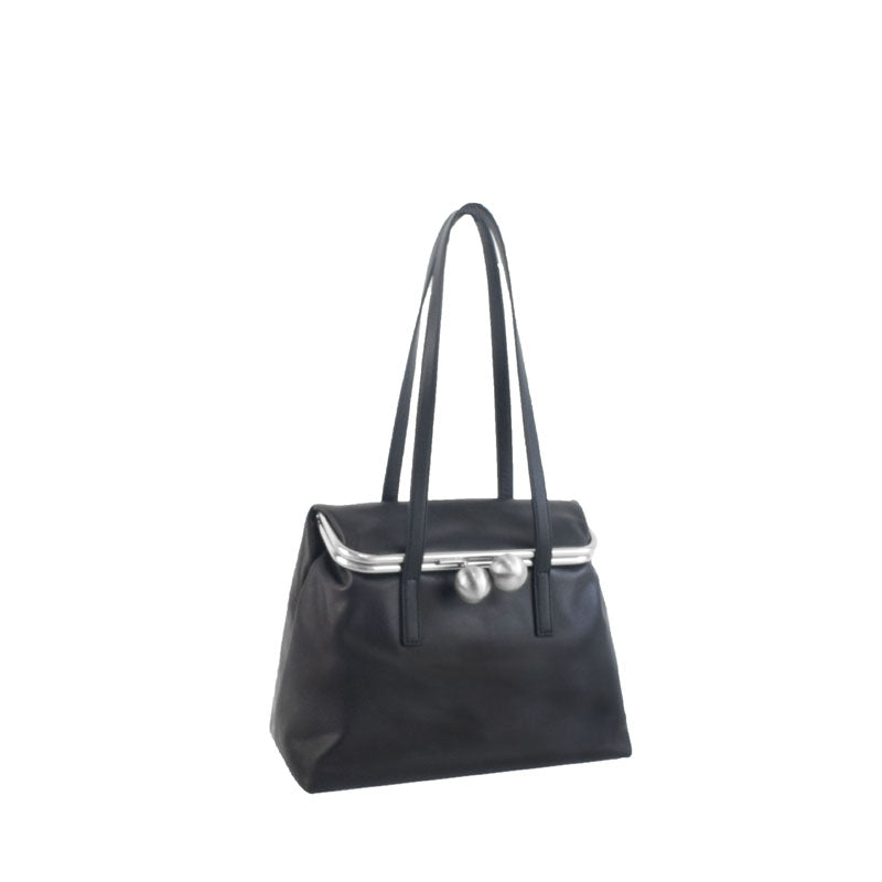 【kuchigane】Square Tote in Black — Kiss-Lock Leather Bag, Made in Japan"