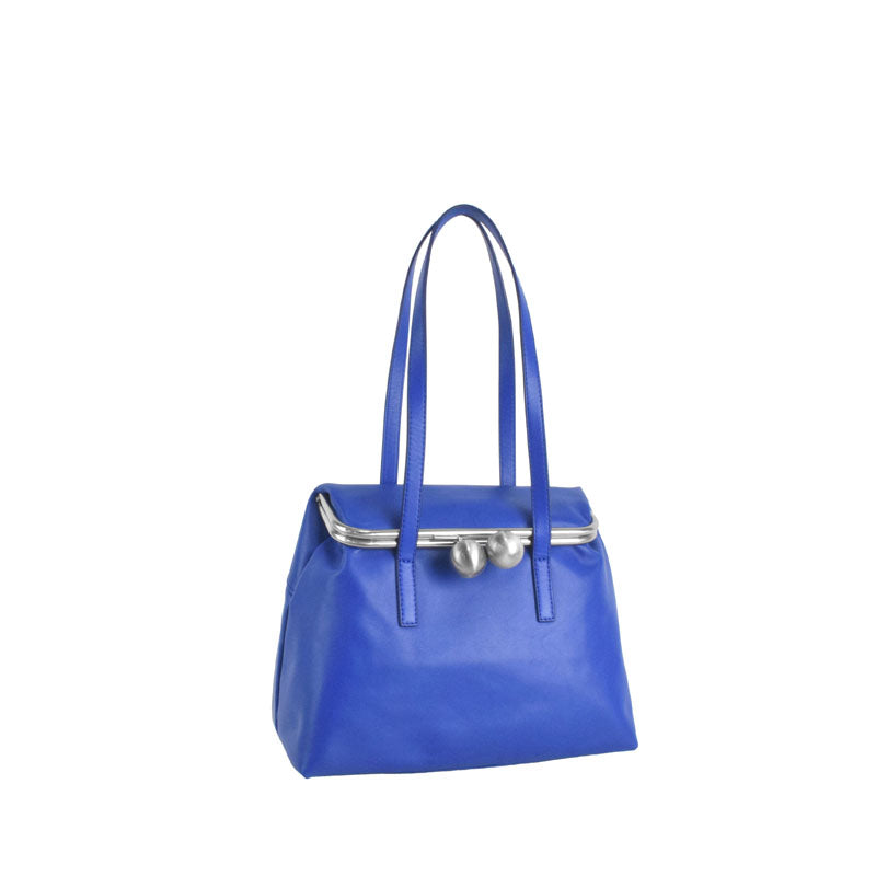 【kuchigane】Square Tote in Blue — Kiss-Lock Leather Bag, Made in Japan"