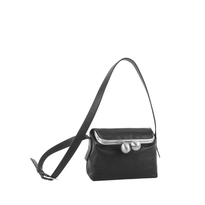 【kuchigane】Square 2-Way Pochette M in Black — Kiss-Lock Leather Crossbody with D-Ring Charm Hooks, Made in Japan

