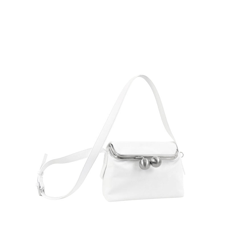 【kuchigane】Square 2-Way Pochette M in White — Kiss-Lock Leather Crossbody with D-Ring Charm Hooks, Made in Japan
