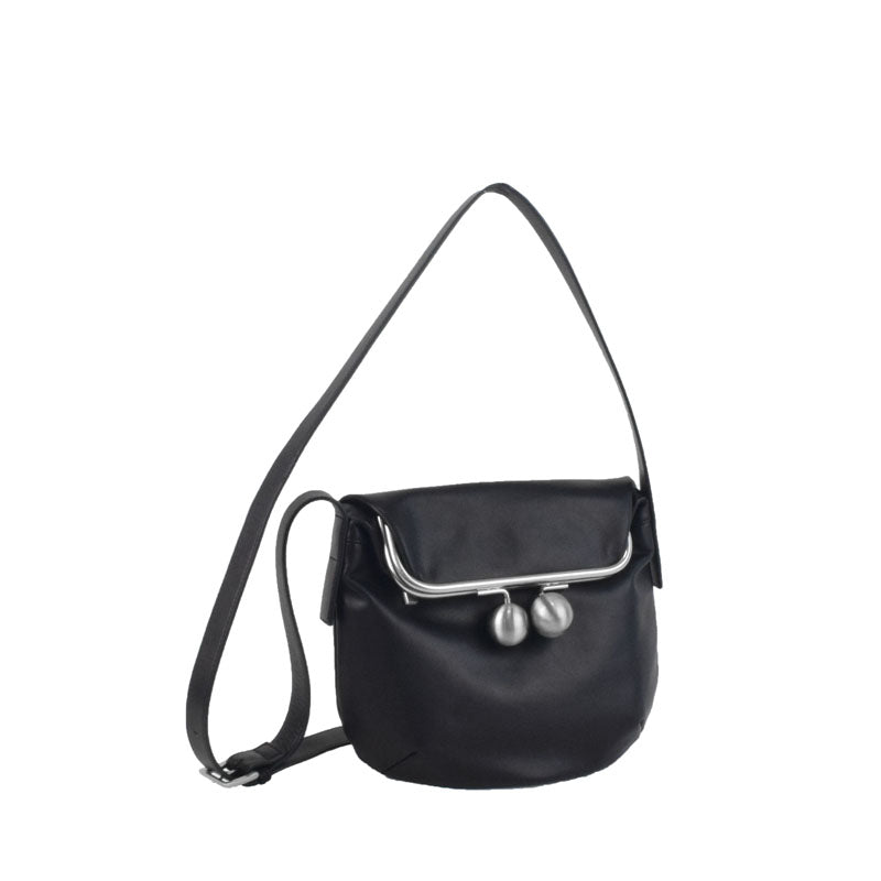 【kuchigane】Crossbody Bag M in Black — Kiss-Lock Leather Shoulder Bag with D-Ring Charm Hooks, Made in Japan
