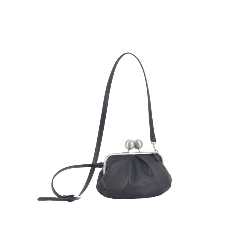 【kuchigane】Gather Pochette in Black — Kiss-Lock Leather Gathered Bag with Plump Rounded Silhouette, Made in Japan
