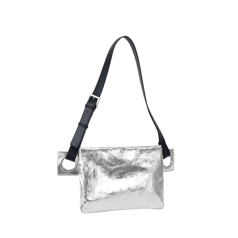 【incas】hatome｜Body Bag M in Silver — Metallic Foil Cowhide Leather Body Bag with Grommet Detail, Made in Japan
