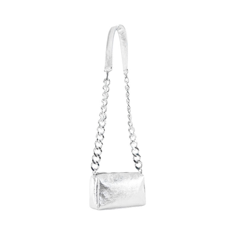 【incas】Chain Multi-Way Pochette S in Silver — Metallic Foil Cowhide Leather Bag with ABS Resin Chain, Made in Japan
