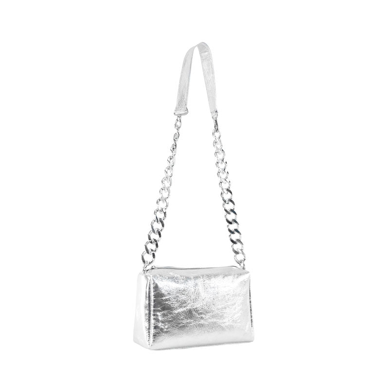 【incas】Chain Multi-Way Pochette M in Silver — Metallic Foil Leather Box Bag with ABS Resin Chain, Made in Japan
