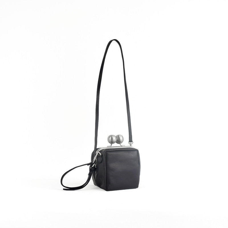 【kuchigane】Dice Pochette in Black — Kiss-Lock Leather Cubic Crossbody Bag, Converts to Waist Pouch, Made in Japan
