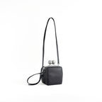 【kuchigane】Dice Pochette in Black — Kiss-Lock Leather Cubic Crossbody Bag, Converts to Waist Pouch, Made in Japan
